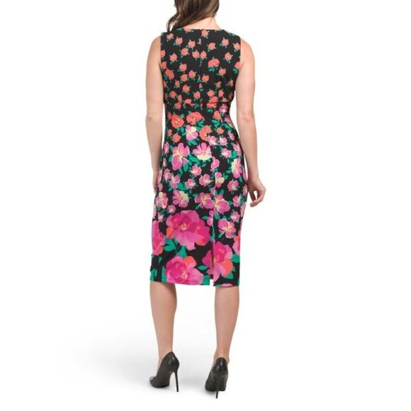 London Times Womens Black Floral Asymmetrical Neck Midi Sheath Dress Sz 10 New - Picture 3 of 7